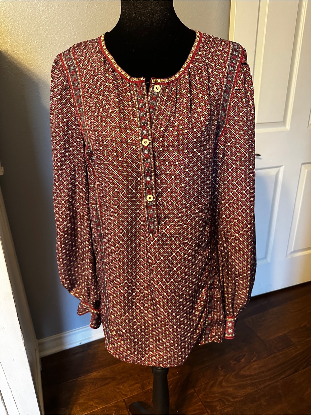 Max Studio Burgundy Floral-Print Henley Blouse